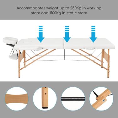 Масажне ліжко Mondeer з 2 зонами, регульована висота, складане, з дерева, для салону краси, з підголовником та підлокітниками (біле)