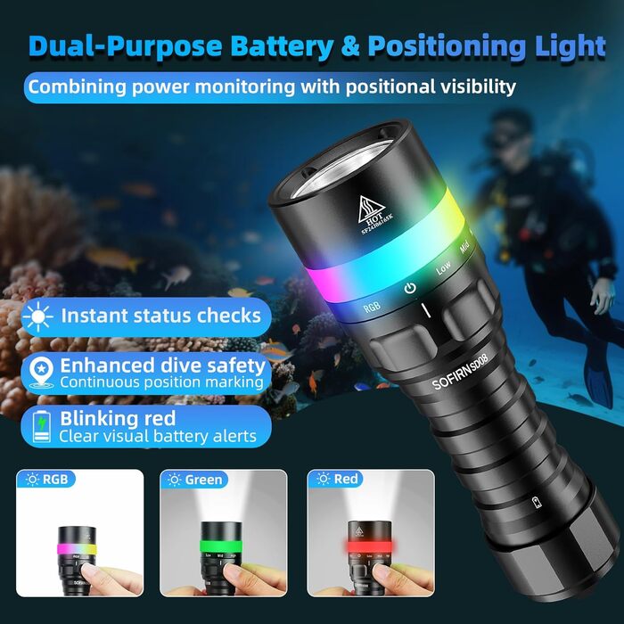 Sofirn SD08 водонепроникний ліхтар-фара, 3200 лм, IPX8, для підводного плавання, 100 метрів, з сигнальним кільцем
