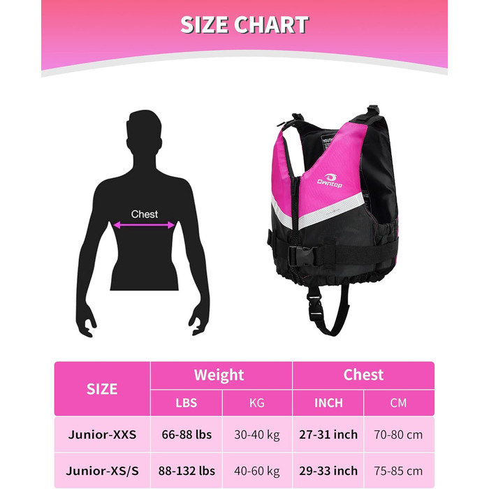 Owntop Жилет для плавання для дітей та підлітків. Легка унісекс жилетка з регулюванням, для каякінгу, риболовлі, плавання та інших водних видів спорту. Рожевий, розмір Jugend-XXS (30-40 кг, 70-80 см)