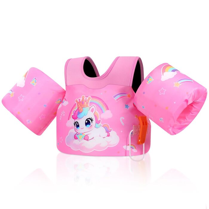 МоКо: Надувні рукавики для плавання для дітей, для хлопчиків та дівчаток. Тренувальний жилет з кріпленням на стегнах, плавальна куртка з ремінцями на плечах. Рукавики для плавання у басейні (рожевий & єдиноріг з короною, для ваги 9-23 кг)