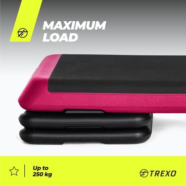 Аеробний степпер TREXO для кардіо та фітнесу, регульована висота 10/15/20 см, домашній тренажер до 250 кг, 109x41 см, чорний/рожевий