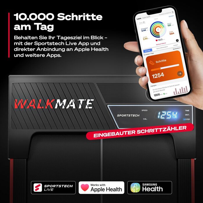 Тренажер для ходьби Sportstech WalkMate - біговий килимок для дому з нахилом до 9%, швидкість 1-6 км/год, з підключенням до додатку, для дому та офісу, з лічильником кроків, легкий та компактний, з транспортувальними роликами, до 120 кг, сірий колір