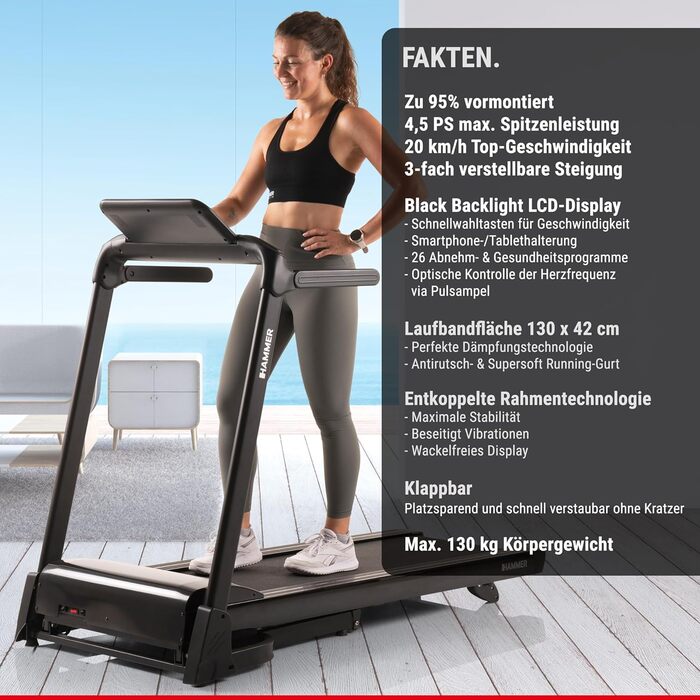 Бігова доріжка HAMMER FlyRun 2.0 з LCD-дисплеєм, складана, 26 програм, 4,5 к.с., 20 км/год