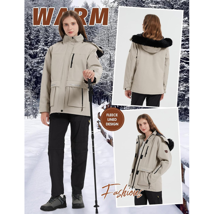 Водонепроникна зимова куртка Voqeen для жінок. Тепла флісова снігозахисна куртка для катання на лижах, вітронепроникна, дихаюча, з капюшоном. Розмір M, колір персиковий.