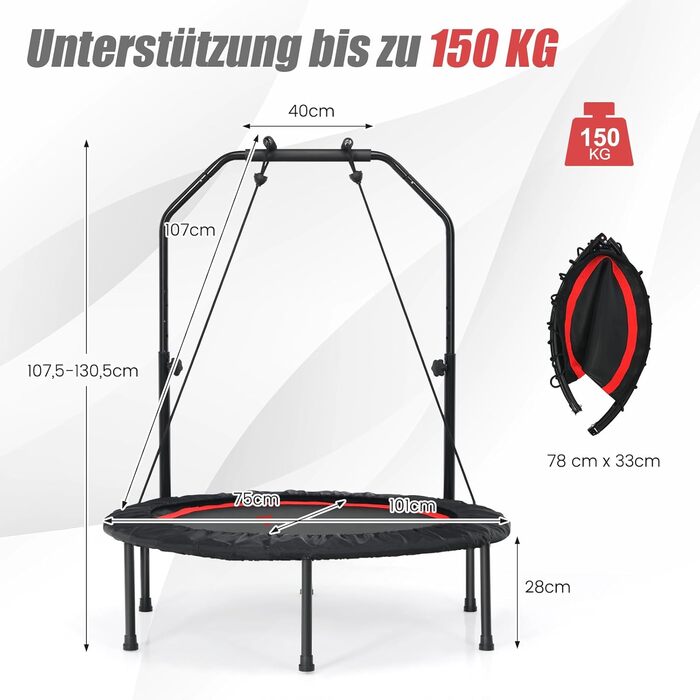 Фітнес-батут COSTWAY 101 см з регульованою ручкою та 2 еластичними стрічками, складаний батут для дорослих та дітей, витримує до 150 кг, червоний