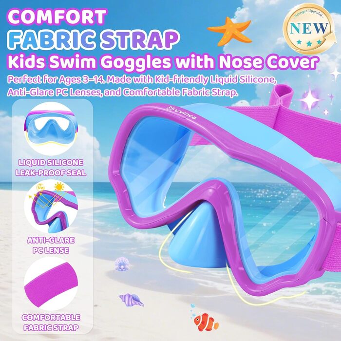 Дитячі маски для снорклінгу Vvinca: маска та трубка для плавання, 180° панорама, антизабруднення, для дітей 3-14 років (блакитний+фіолетовий)