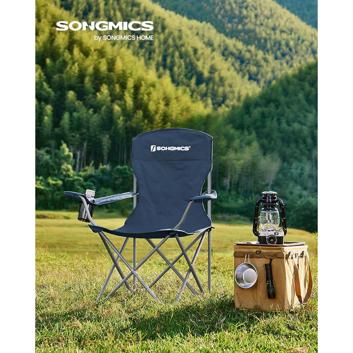 SONGMICS 2 шт. Складний стілець для кемпінгу, стілець для відпочинку, міцна конструкція, вантажопідйомність до 150 кг, з тримачем для напоїв, вуличній стілець (темно-синій)