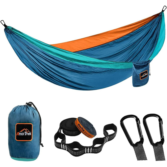 Гамак Anortrek Outdoor для відпочинку на природі, 280x140 см, 249 кг, з ременями для дерев, дихаючий нейлон, для кемпінгу, подорожей, відпочинку в саду (Blue/ Dark Blue/ Orange)