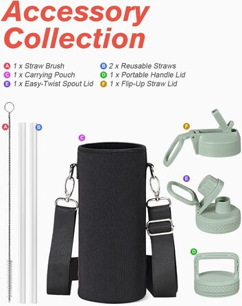 Coolflask Фляга-термос 1,2 л з соломкою, з нержавіючої сталі, 3 кришки, для спорту та офісу, зберігає холод до 48 годин, гаряче - до 24 годин, сіро-зелений колір