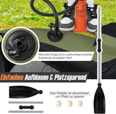 Надувне рибальське човен GYMAX: компактне belly boat з насосом, веслами та регульованими ременями, до 150 кг, зелений