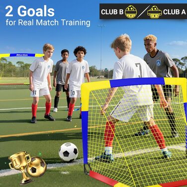 Ворота для футболу Dimples Excel Pop-Up – розкладні для дітей | Набір 1 або 2 шт. | Розміри 120x90 / 152x110 / 213x152 см | 3 кольори | З м'ячем, насосом, конусами та мішенню | Для саду та подарунка (2-120x90 блакитний+аксесуари)