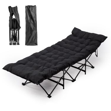 Лежанка туристична складна LEADZM з матрацом, 190x71x36 см, сталевий каркас, чорна
