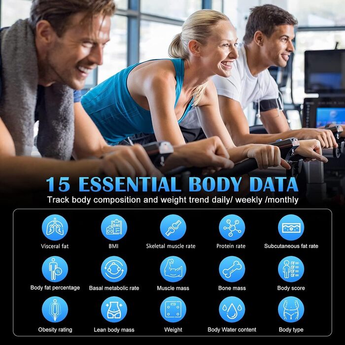 Цифрова вага для тіла з Wi-Fi та Bluetooth, вимірювання жиру, USB-зарядка, чорний колір