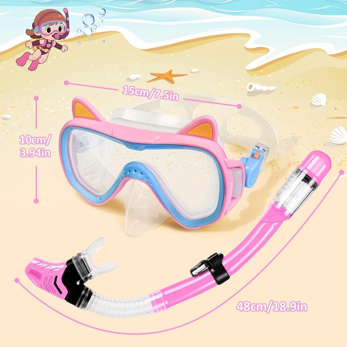 Дитяча маска для снорклінгу та плавання, 4-16 років, комплект, панорама 180°, сухий сноркель, рожева