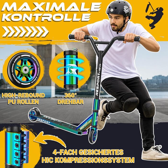 Трюковий самокат RE:SPORT® REVO Rainbow для дітей та дорослих зі стійкою | Професійний самокат з колесами 100мм PU та Y-рулем | Самокат трюковий, кікскутер ABEC 9