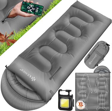 Сплячий мішок KESSER® Outdoor | Декальний спальний мішок 3-4 сезони | Для дорослих та дітей | Легкий, теплий, водостійкий | З лампою та кишенею (Сірий, 220 x 83 см)