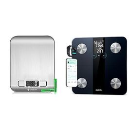 Кухонні ваги Etekcity 5 кг з LCD-дисплеєм, нержавіючою сталею, точність 1 г, функція тарування, вимірювання рідини, сріблясті + Ваги Etekcity для тіла з Bluetooth, визначення жиру, підтримка BMI, м'язової маси, XL Di AC-технологія