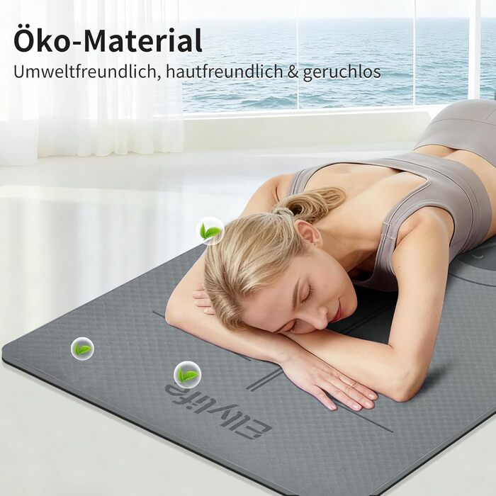 Протиковзкий килимок для йоги та пілатеса з еко-каучуку та TPE, 6мм, сірий — з лініями розмітки та ременем для перенесення