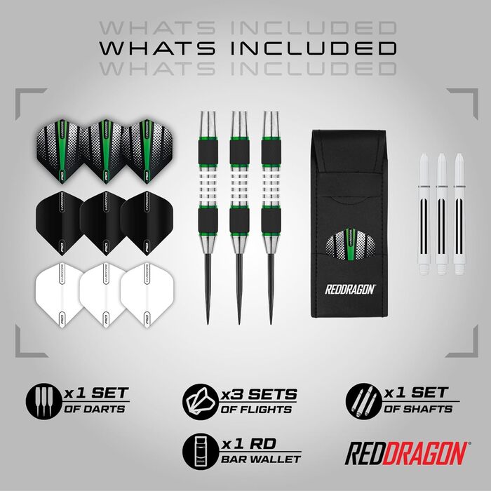 Дартси Red Dragon Axis 85% вольфраму, металевий наконечник, професійний набір, з оперенням і стрижнями, стілдарти 24г, 26г, 28г, червоні, зелені, сині