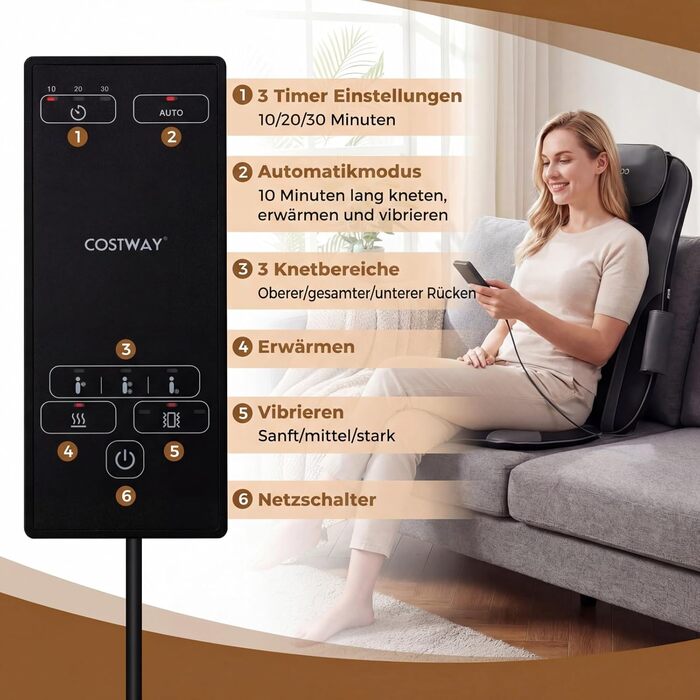 Масажна подушка Shiatsu COSTWAY з 4 роликовими вузлами та 2 вібраційними моторами, 3D масажна килимок, масажер спини з підігрівом для дому та офісу