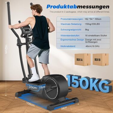 Еліптичний тренажер Neezee для дому: тихий, з 16 рівнями опору, 8 кг маховиком, LCD-дисплеєм (Bluetooth), до 150 кг, чорний