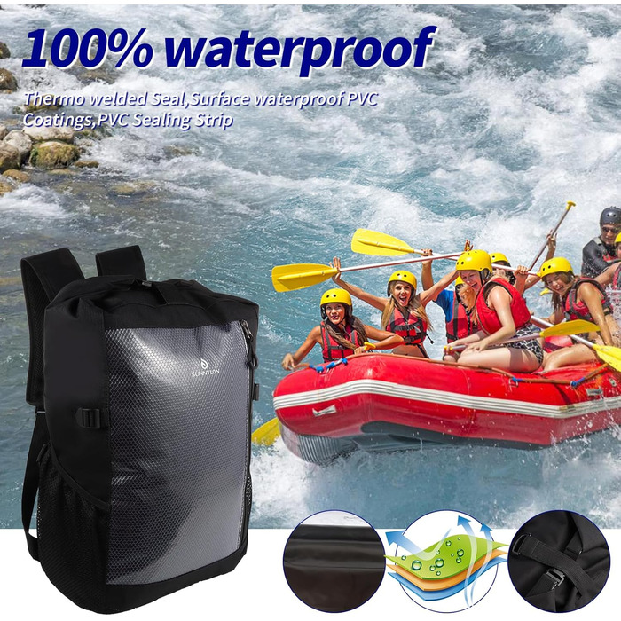 Водонепроникний рюкзак Seesack Rolltop з кишенею для телефону, 25L, для плавання, каякінгу, рафтингу, пляжу, чоловічий/жіночий (чорний)