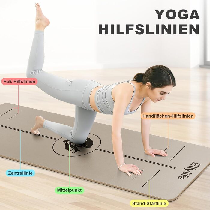 Килимок для йоги та пілатеса з еко-каучуку та TPE, протиковзкий з лініями розмітки, бежевий, 4мм, з ременем для перенесення
