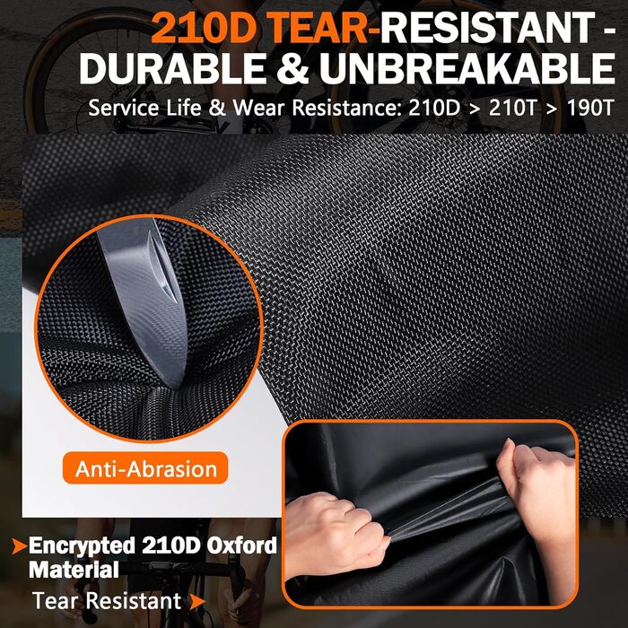 Водонепроникний чохол для велосипеда 210D Oxford, 200 x 110 x 70 cm, чорний. Захист від дощу, пилу та сонця. З отвором для замка та сумкою.