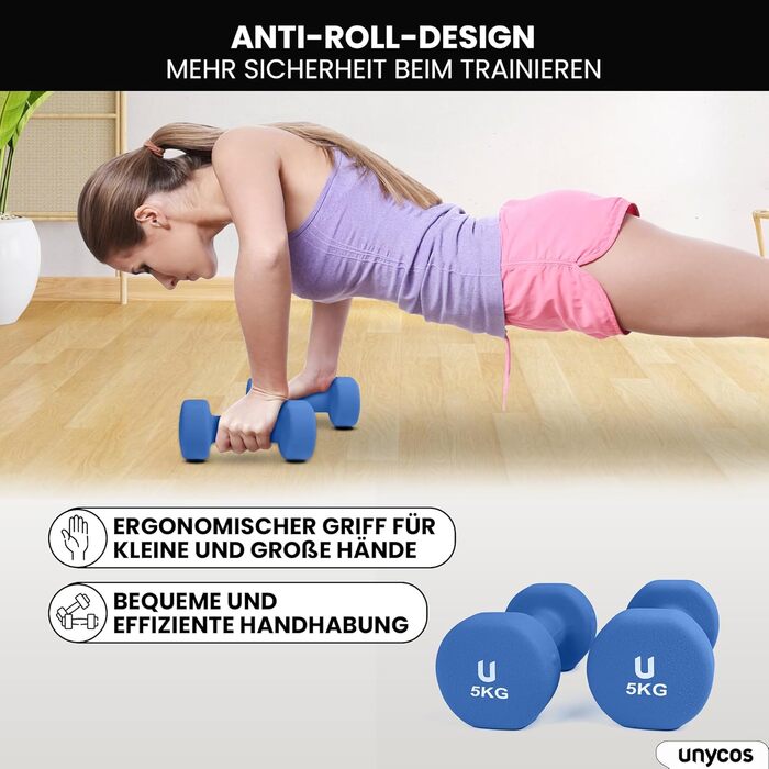 Гантелі неопренові Unycos 2 шт. 1-10 кг, короткі, антиковзаючі, для фітнесу, силових тренувань, пілатесу, дому (#07 Синій, 2 x 5 кг, круглі)
