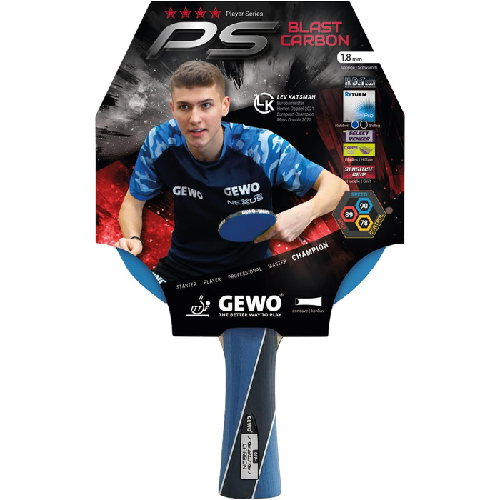 GEWO PS Blast Carbon – професійна ракетка для настільного тенісу з вуглецю, ITTF, швидке покриття GEWO Return Pro, висока обертальність, 1,8 мм, анатомічна ручка