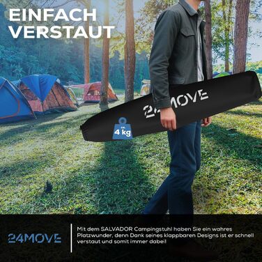 Крісло для кемпінгу 24MOVE® складне, 150 кг, з підлокітниками, кишенею для напоїв та сумкою, чорне