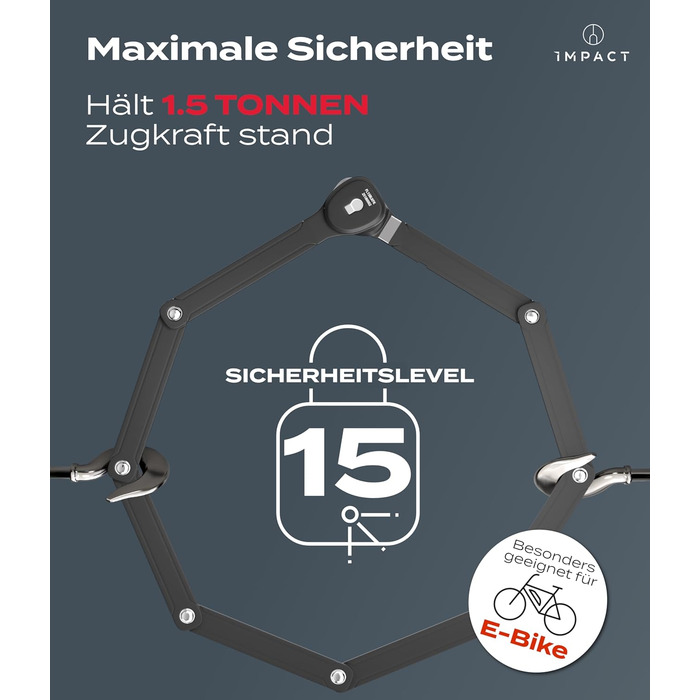 IMPACT® FlexLock 15: Преміальний складний замок для велосипеда - високий рівень безпеки. Зручний замок з рівнем безпеки 15 до 120 см, витримує до 1,5 тонн тяги. З ключем.