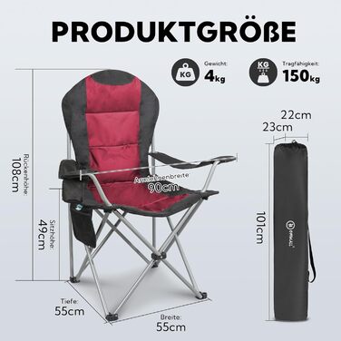 Крісло для кемпінгу Homecall складне, 150 кг, висока спинка, підставка для попереку, з м'яким сидінням, для відпочинку на природі, риболовлі, саду, пікніка, чорний/червоний