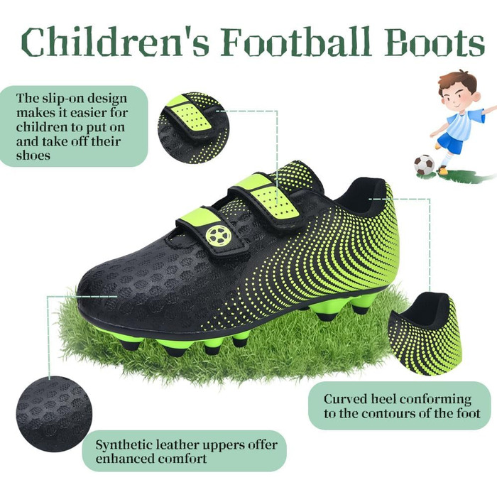 Дитячі футбольні бутси для хлопчиків та дівчаток, футбольні черевики з шипами для твердого поля, дитячі спортивні черевики для тренувань та занять на відкритому повітрі, дихаючі, антиковзкі, унісекс, розмір 28-37 (37 EU, Зелений)