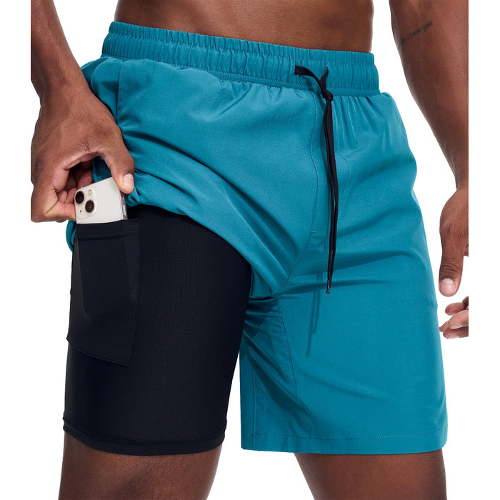 Чоловічі спортивні шорти для бігу 2-в-1, швидка сушка, короткі шорти для бігу, гімнастики, активного відпочинку, марафону, тренувань з кишенею на блискавці (S, Павіно-блакитний)