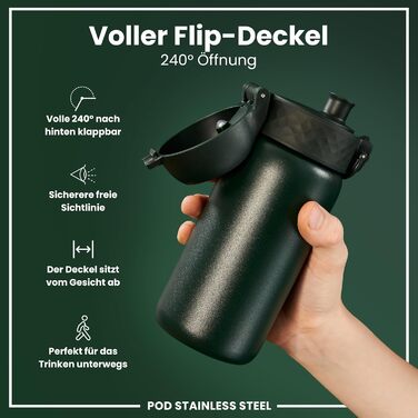 Дитяча пляшка для пиття Ion8 Evo, нержавіюча сталь, 400 мл, без ізоляції, не протікає, відкривається однією рукою, безпечне закриття, можна мити в посудомийній машині, з клапаном, з ручкою, легка у догляді, темно-зелена