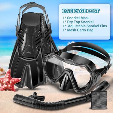 Комплект для снорклінгу для дорослих 4 в 1: маска, трубка, ласти, сумка (чорний, XL)