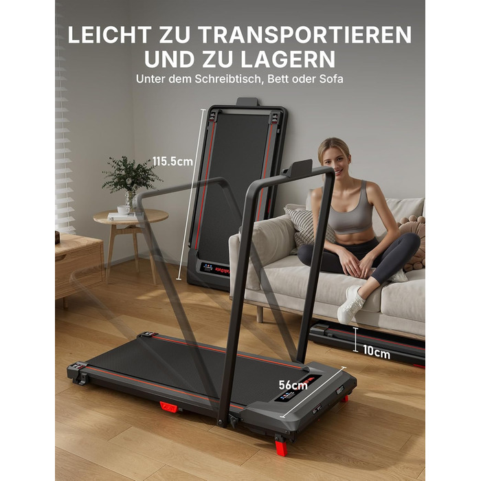 Біговий доріжки з нахилом 5%, компактний під стіл для дому та офісу, портативна бігова машина з LED дисплеєм, пульт дистанційного керування, вантажопідйомність 150 кг, 2.5HP тихий двигун (Чорний/Червоний)