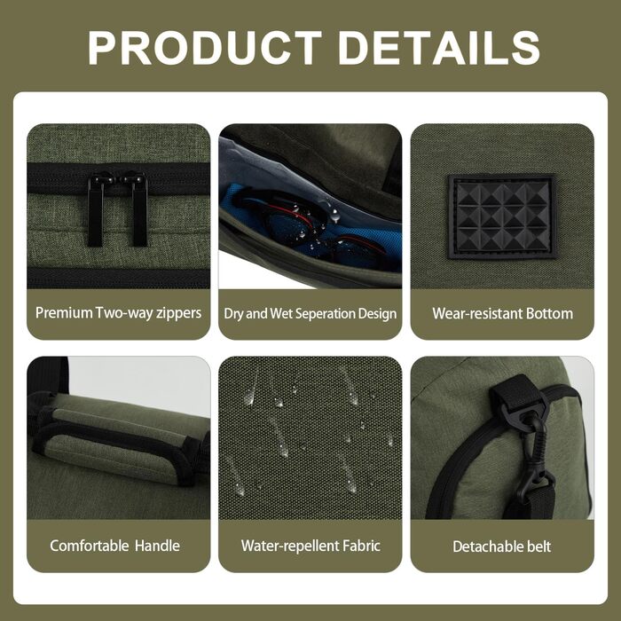 Спортивна та туристична сумка FIORETTO 35L з відділенням для взуття та мокрих речей, водонепроникна, для тренувань, спортзалу, подорожей, плавання, сауни, футболу, зелений 35л-оливковий