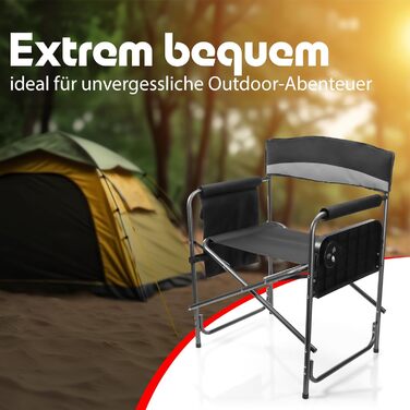 Крісло для кемпінгу BigDean 150кг з столиком – складане крісло з тримачем для напоїв + бічною кишенею – якісне рибальське крісло сірого/чорного кольору. Режисерське крісло, складане, сірий/чорний колір