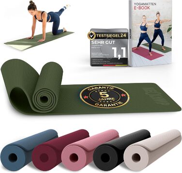 Килимок для йоги NEOLYMP - неслизький, для захисту суглобів - 183x61 см - PVC - для йоги, пілатесу - з E-book та відео-упражненнями (оливковий)