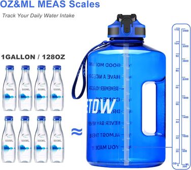 Спортивна пляшка для води 3,78 л з позначками часу та трубочкою, BPA Free, витокозахисна, 3800 мл, блакитна