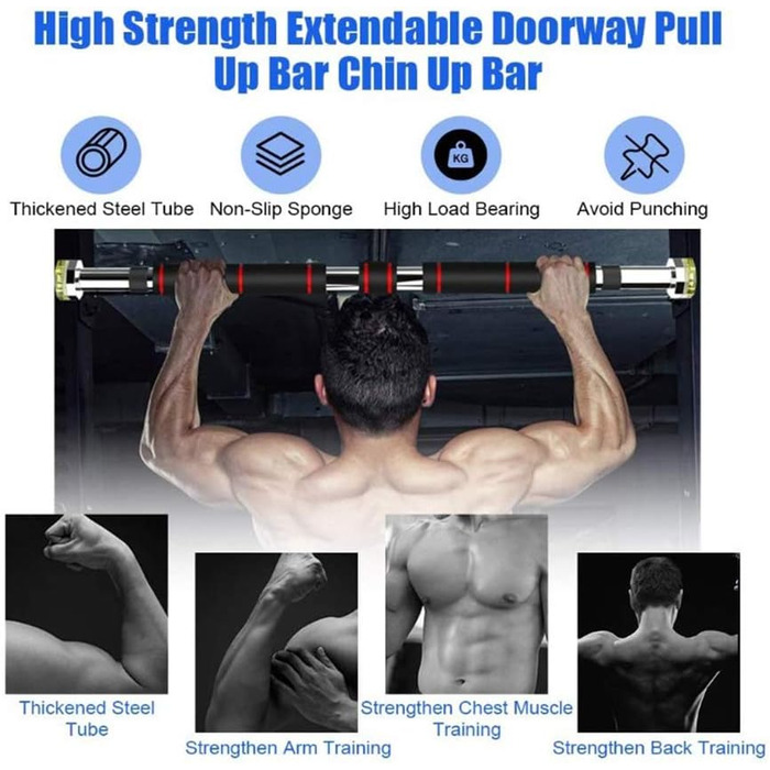 Турнік для дверей Klimmzugstange | Регульована висота 80-130 см | Макс. вантажопідйомність 150 кг | Чорний та червоний | Для силових тренувань