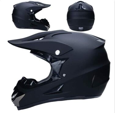 Унісекс Мотокрос Шолом на Все Обличчя з Очками, Рукавичками, Маскою, для Юніорів та Дітей, Ендуро, Оф-роуд, Мотоцикл, MTB, ATV, BMX, Quad, Dirt Bike, Сертифікований D.O.T (L/56-57CM, Чорний)