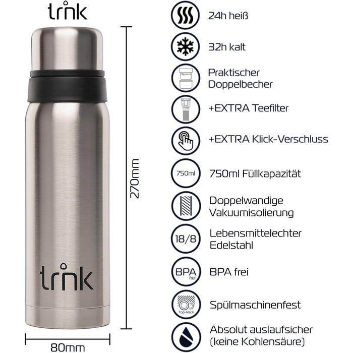 Термос trnk Outdoor Polar 2 з нержавіючої сталі 750 мл, BPA-free, 24 години збереження тепла, 2 чашки-кришки, для подорожей, сріблястий