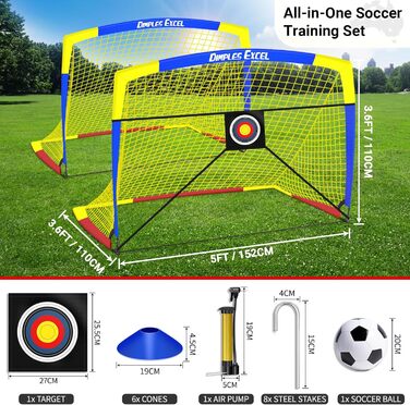 Ворота для футболу Dimples Excel Pop-Up – розкладні для дітей | Набір 1 або 2 шт. | Розміри 120x90 / 152x110 / 213x152 см | 3 кольори | З м'ячем, насосом, конусами та мішенню | Для саду та подарунка