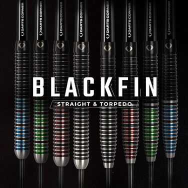 Набір дротиків Darts Corner BlackFin з високоякісного 90% вольфраму, прямий стальний стрижень, 6 оперень, 6 стрижнів, карта Checkout і футляр, 22 г, 24 г, 26 г