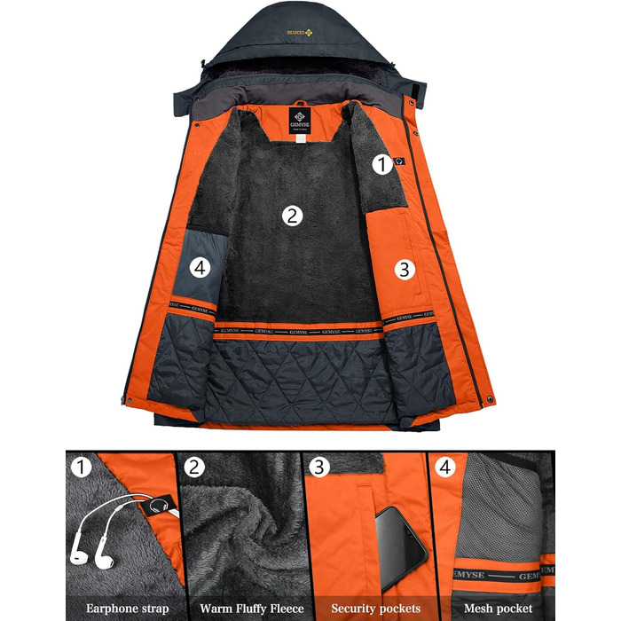 Чоловіча тепла зимова куртка GEMYSE для катання на лижах, вітро- та водонепроникна, дихаюча, з багатьма кишенями, помаранчевого та сірого кольорів, розмір L