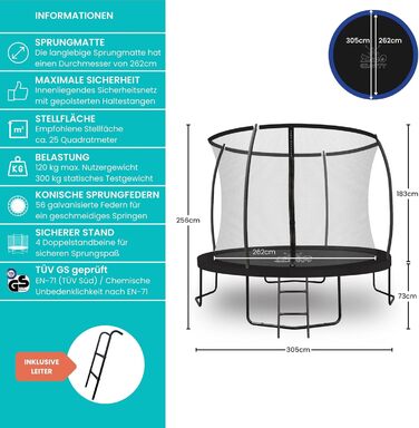 Трамплін для саду Zero Gravity Ø 366 см з драбиною - сертифікат TÜV, стійкий до вітру, відеоінструкція. Розміри: 183, 244, 305, 366, 427 см