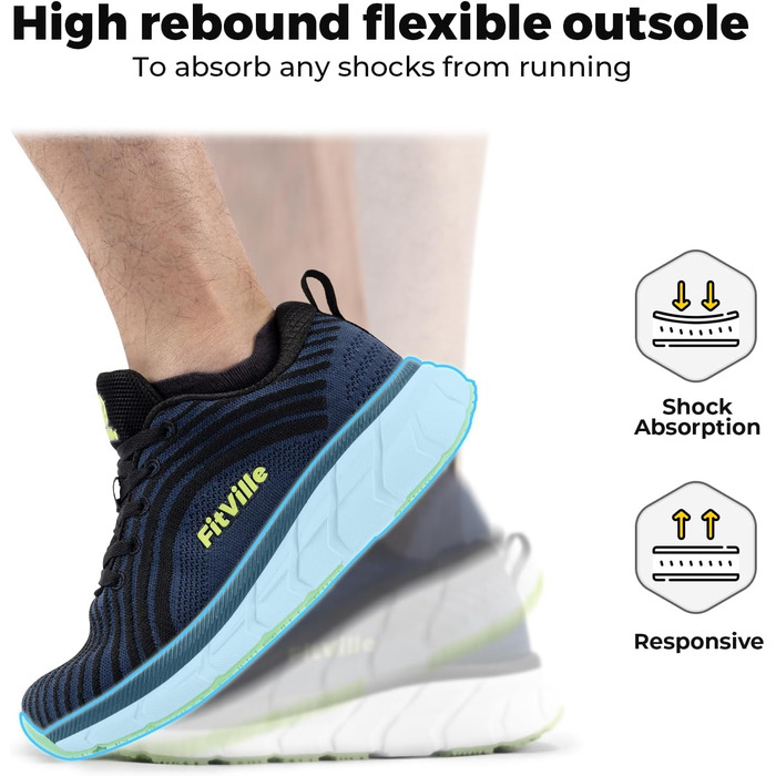 Кросівки для бігу FitVille для чоловіків, широкі (46 EU), темно-синій з чорним. Легкі, дихаючі, зручні для ходьби та джогінгу.